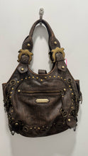 Load image into Gallery viewer, Isabella Fiore Dark Brown Leather Tatoo Print Size Large Embellished Purse, matching wallet included
