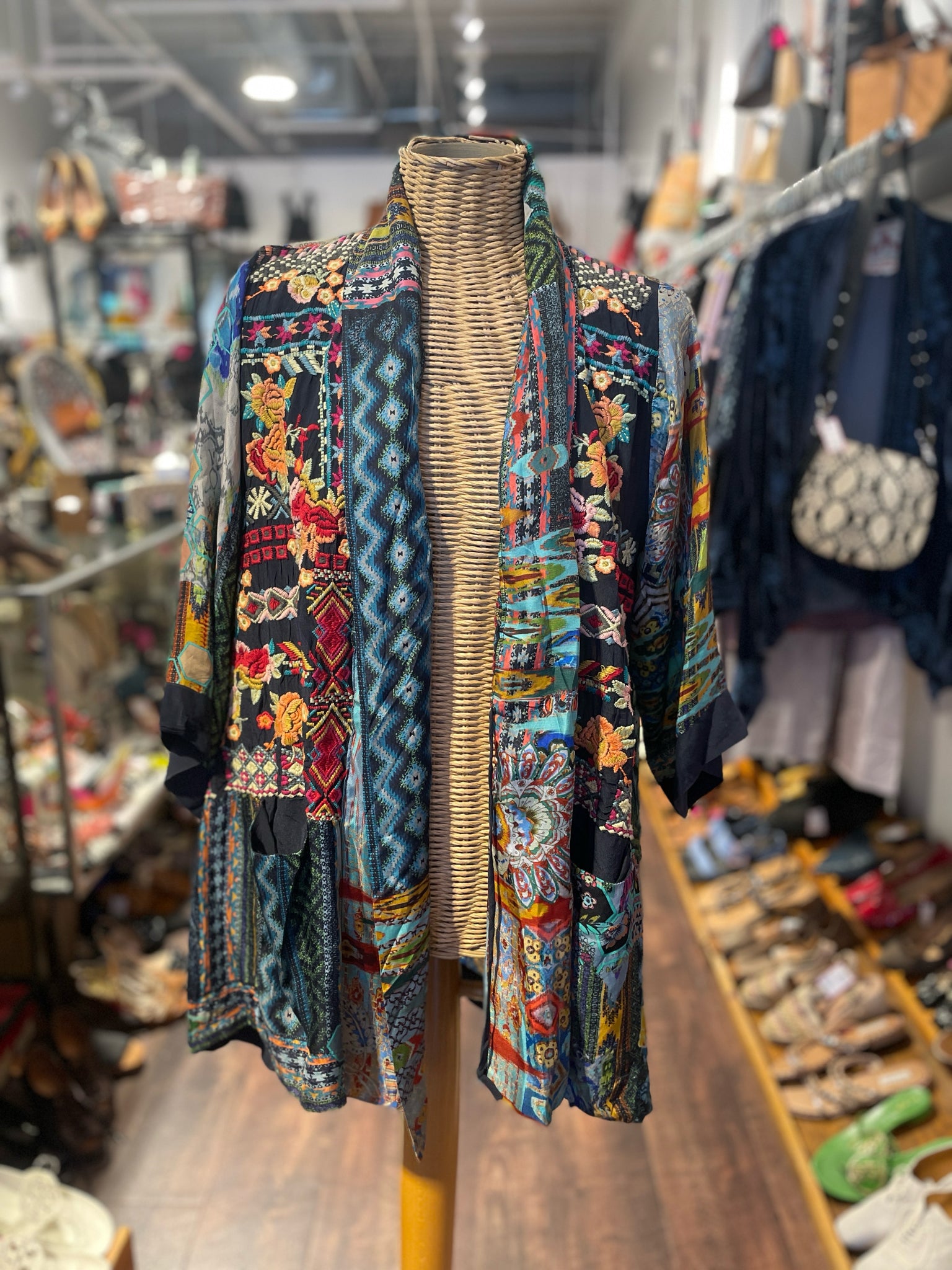 Johnny Was green multi 100% silk Boho Flowy Layering Top, Size S