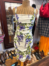 Load image into Gallery viewer, Dolce &amp; Gabbana White &amp; Purple Silk Floral ruched Dress, Size 44
