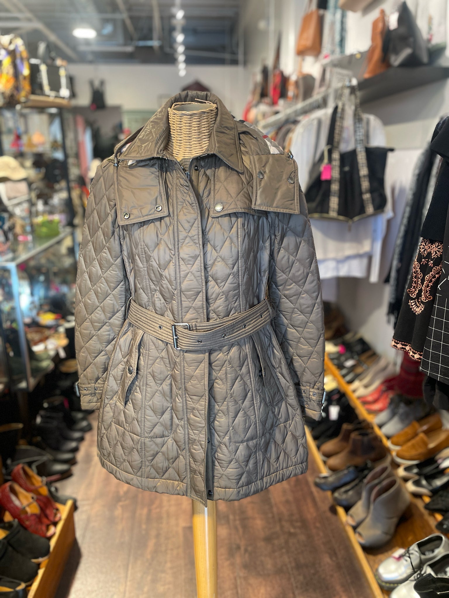 Burberry Tan Quilted Hooded belted button down Jacket, Size M