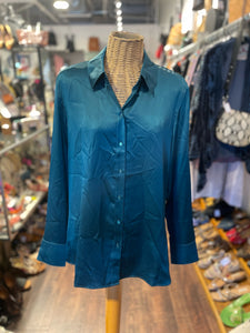 RAVELLA Turquoise Silk Button Up Long sleeve Top, Size L