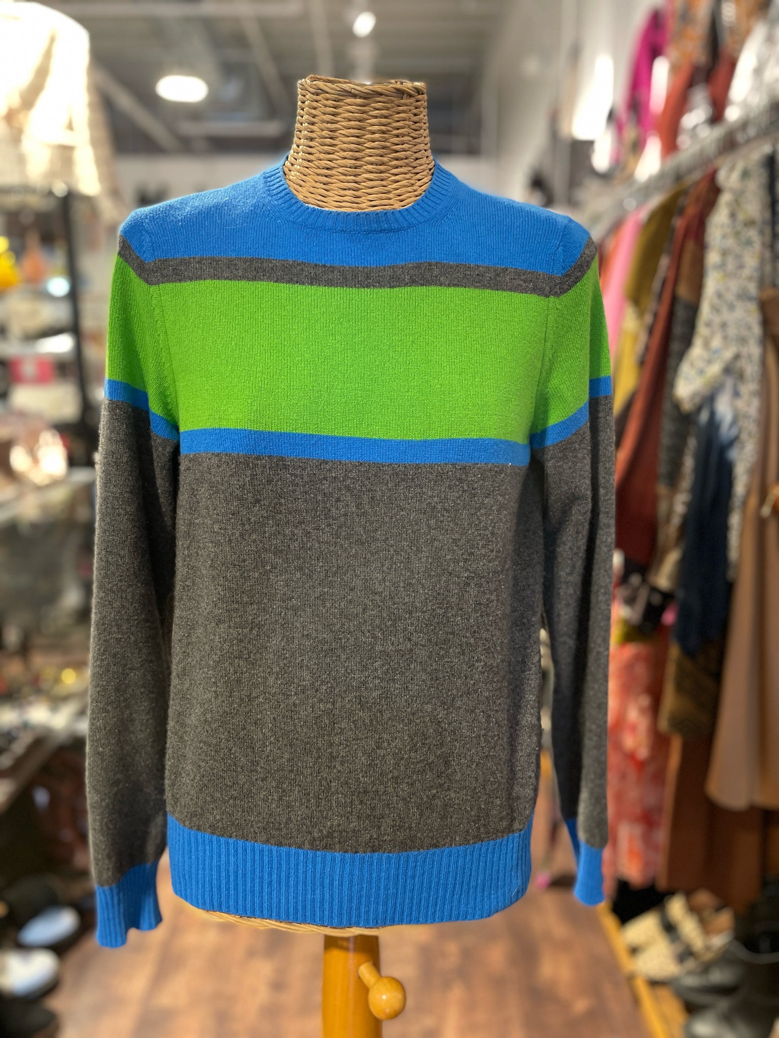Drumohr Blue, green & grey 100% cashmere striped Crew Neck Sweater, Size 44