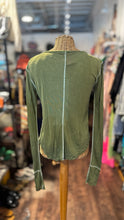Load image into Gallery viewer, Hazel Brown Green Silk trim design Long sleeve Top, Size S
