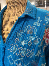 Load image into Gallery viewer, Biya blue, white, red cotton &amp; poly floral embroidery raw hem Top, Size S
