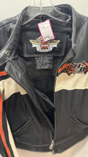 Load image into Gallery viewer, Harley Davidson Black &amp; Orange Leather Stripe perforated Zip Front Jacket, Size L
