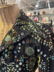 Johnny Was Black & Green embroidered longline Gently Worn Coat, Size XS