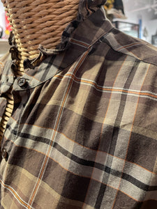 Nili Lotan Brown & Orange Cotton Blend Plaid ruffle collar Top, Size S