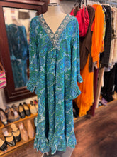 Load image into Gallery viewer, Alix of Bohemia blue and green Cotton Floral Long Ruffle Dress, Size L
