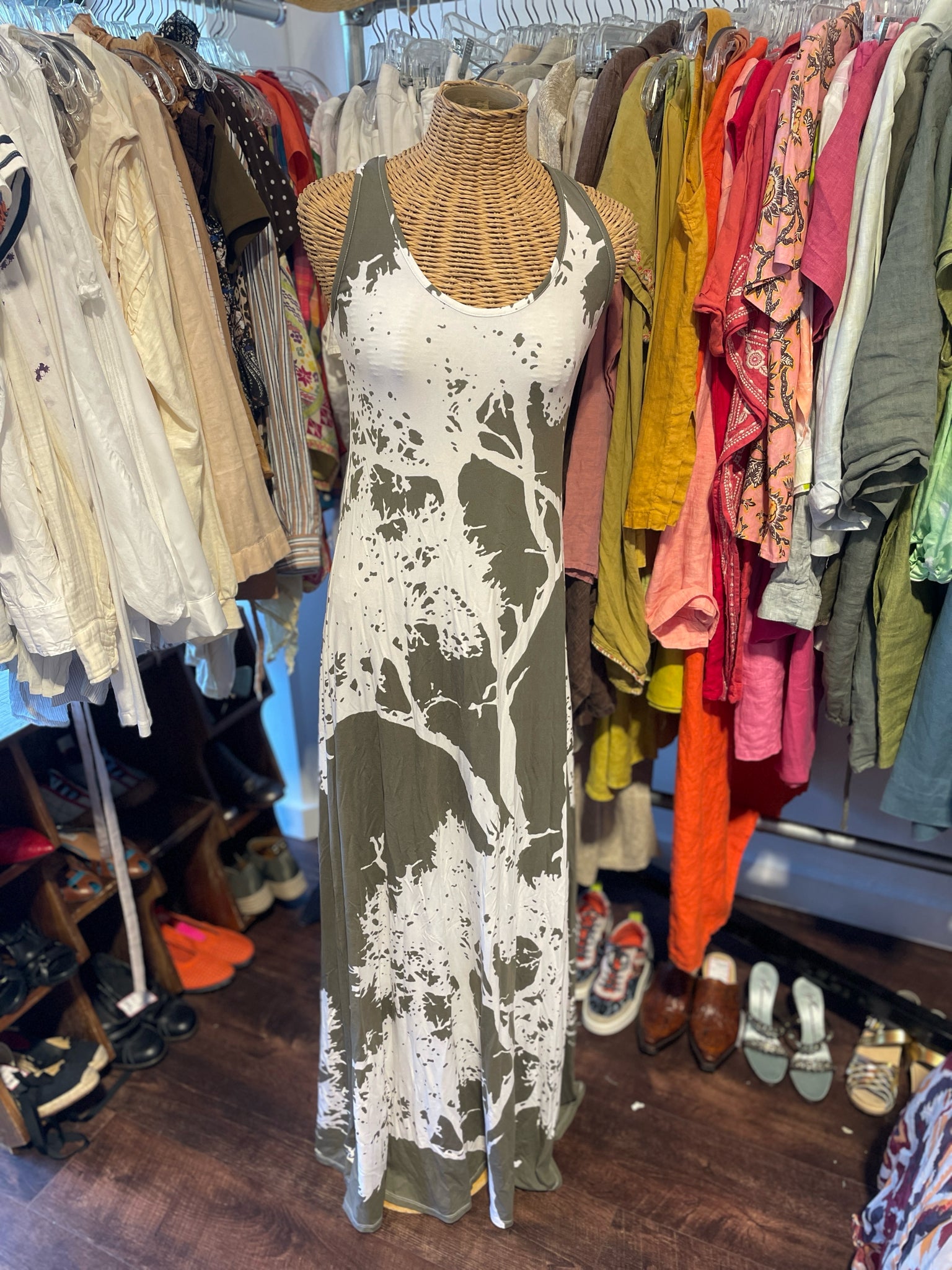 Bel Kazan Taupe & White Blend Abstract Maxi Dress, Size XS