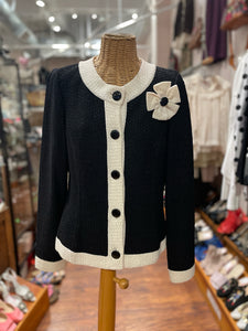 St. John Black & White Button Up W/Corsage Knit Jacket, Size 8