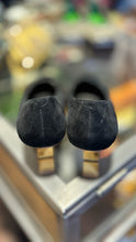 Load image into Gallery viewer, Charlotte Stone Black Suede w/gold heel Shoe, Size 10
