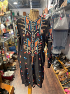 Biya Johnny Was black & multi Cupra Rayon embroidered Longsleeve Tunic, Size S