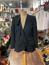 Load image into Gallery viewer, Cinq a&#39; Sept Black Triacetate ruffle collar Snap Buttons sheer accent Blazer, Size 2
