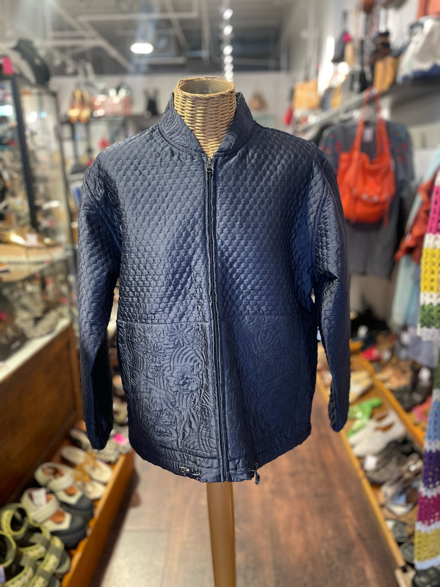 Johnny Was Navy Poly textured print Zip Up Jacket, Size M