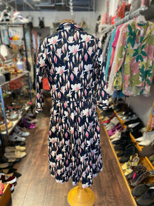Samantha Sung Navy & pink Cotton Floral Button up longsleeve Dress, Size 10