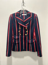 Load image into Gallery viewer, ALTUZARRA navy, red &amp; white wool, cotton, acetate &amp; polyester stripes Military style Blazer, Size 38
