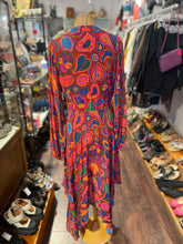 Load image into Gallery viewer, FARM Rio red, blue, orange viscose &amp; modal fun shapes Long sleeve Dress, Size S
