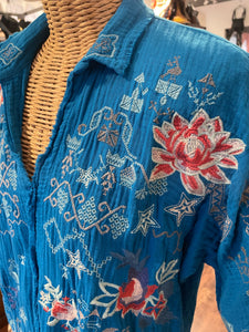 Biya blue, white, orange cotton & poly embroidered raw hem Top, Size S