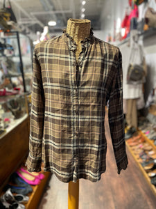 Nili Lotan Brown & Orange Cotton Blend Plaid ruffle collar Top, Size S