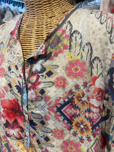 Johnny Was pink, yellow, ivory Silk Floral Long sleeve Top, Size S