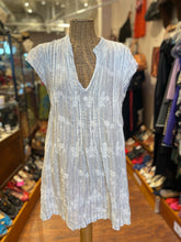 Load image into Gallery viewer, CP Shades White/Blue Linen Stripe/Embroidery Short Sleeve Dress, Size S
