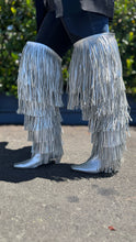 Load image into Gallery viewer, Roger Vivier Silver Leather Fringe Over the Knee Statement Boots, Size 39
