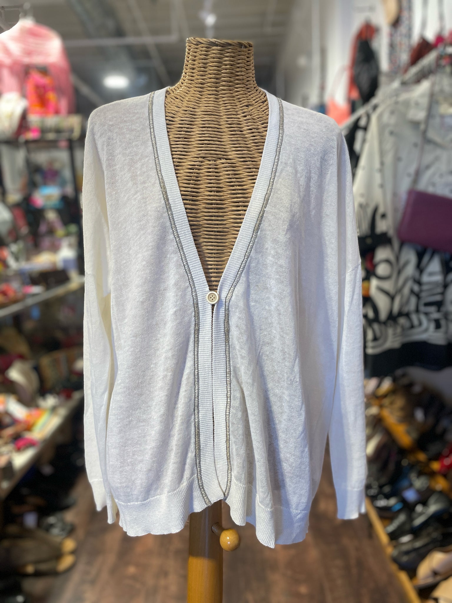 Brunello Cuccinelli White Linen Blend Embroidered Lining cardigan, Size M