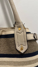 Load image into Gallery viewer, Eric Javits tan,white &amp; navy leather &amp; woven stripes Gold Hardware Purse

