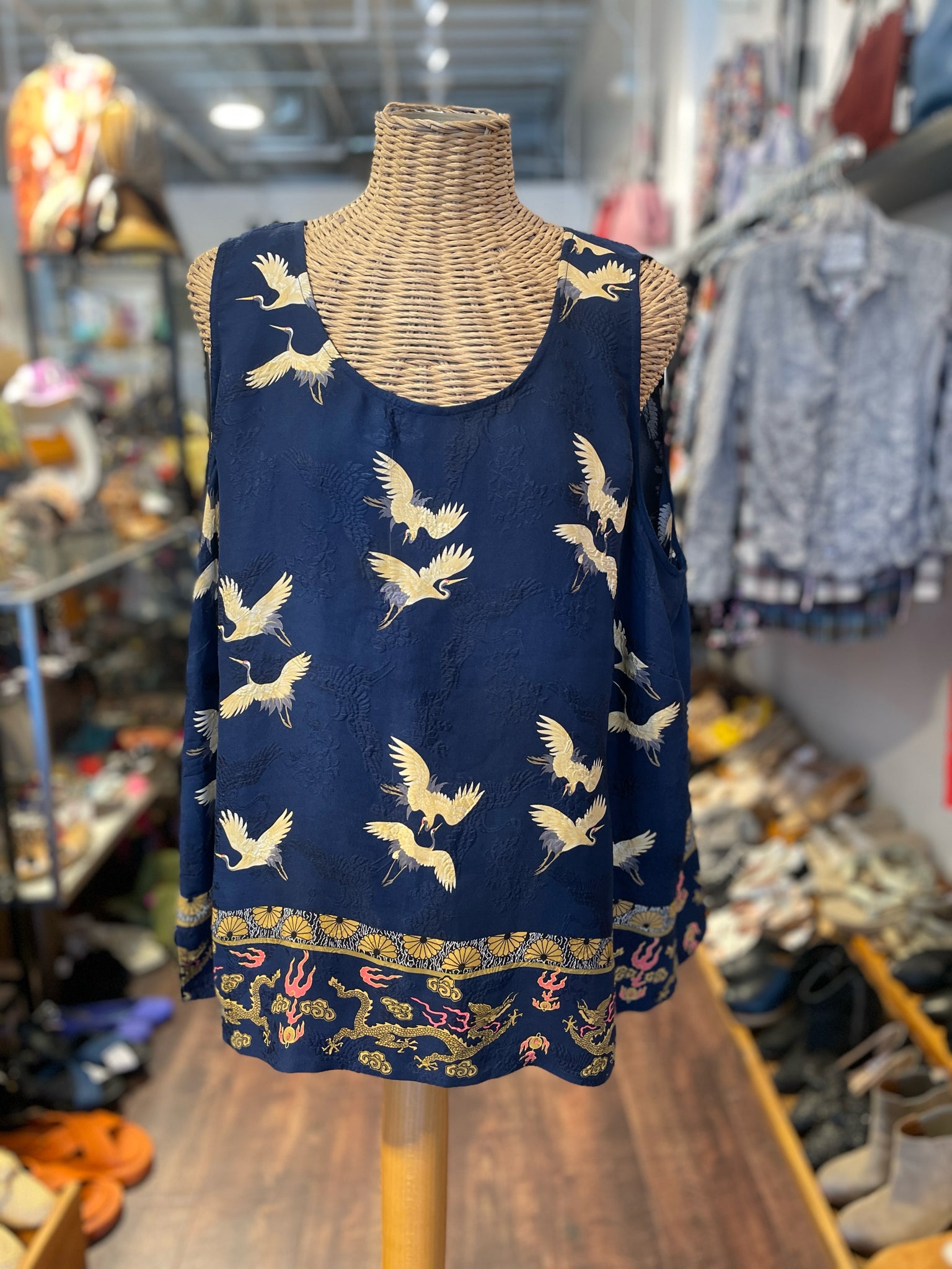 CITRON Navy Silk cranes Tank Top, Size 2=M