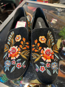 Johnny Was Black Suede W/embroidery Flats, Leather lined, Size 7.5