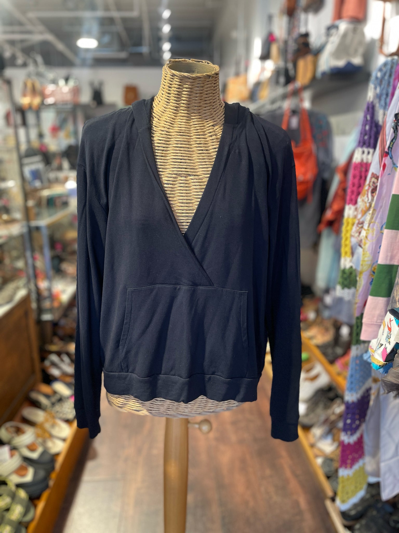 Majestic Filatures Black Viscose W/Hoodie & pockets Top, Size 3=L