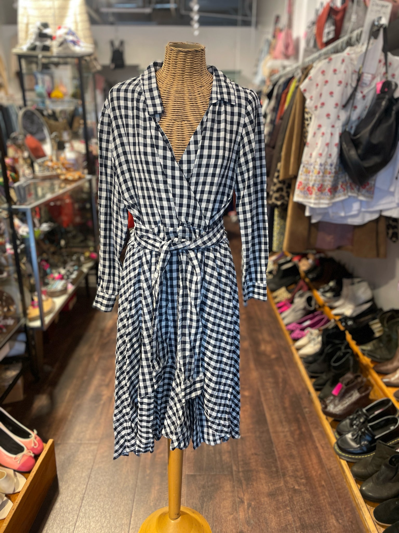 Maje navy/white Viscose Checkered front tie Dress, Size 3=L