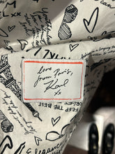 Load image into Gallery viewer, Karl Lagerfeld white &amp; black Writing Print button down Top, Size S/M
