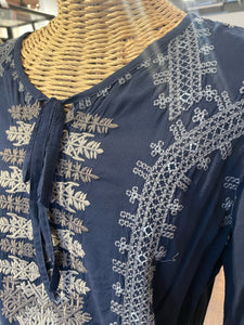 Biya Johnny Was Blue Rayon Floral Longsleeve embroidered Top, Size M