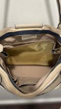 Load image into Gallery viewer, Eric Javits tan,white &amp; navy leather &amp; woven stripes Gold Hardware Purse
