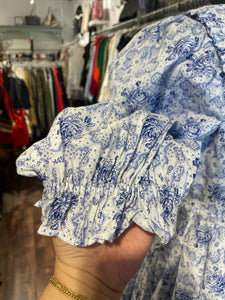 Selkie white/blue Cotton Blend Floral peter pan collar Dress, Size S