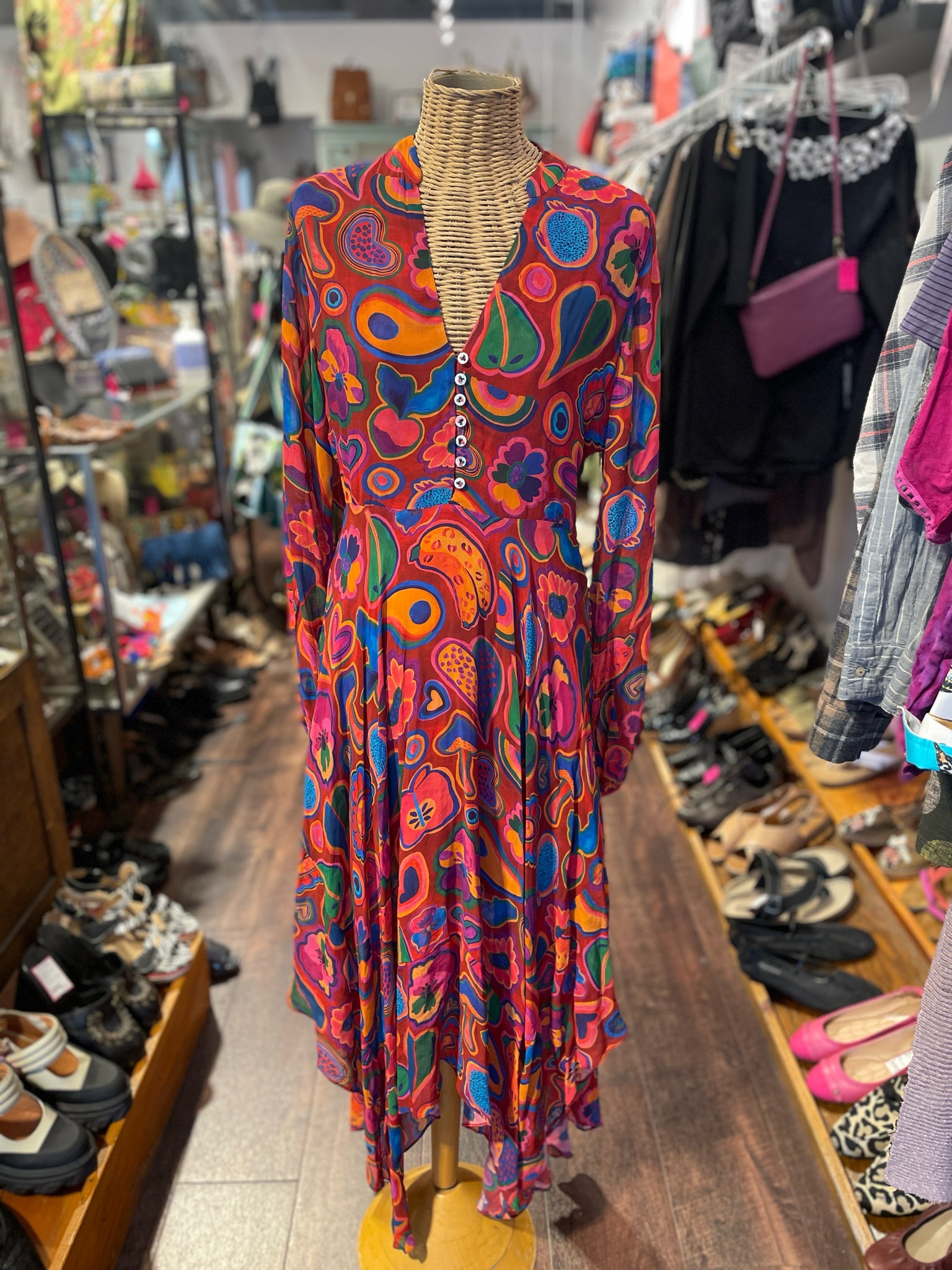 FARM Rio red, blue, orange viscose & modal fun shapes Long sleeve Dress, Size S