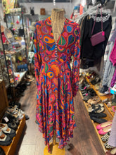 Load image into Gallery viewer, FARM Rio red, blue, orange viscose &amp; modal fun shapes Long sleeve Dress, Size S
