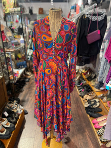 FARM Rio red, blue, orange viscose & modal fun shapes Long sleeve Dress, Size S