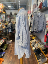 Load image into Gallery viewer, Hugo Flear Grey Linen W/white lines Button up long sleeve Top, Size 0=XS
