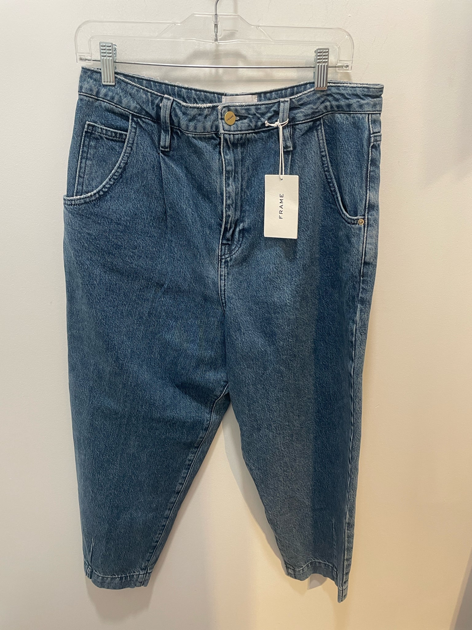 FRAME Blue Cotton Blend pleated barrel leg Jeans, Size 31