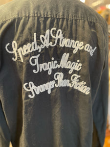 Modified unstudied wear Black Cotton Writing Longsleeve collared button up Top