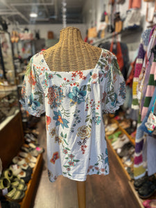 Johnny Was White Print Cotton Floral Short sleeve open neck Top, Size M