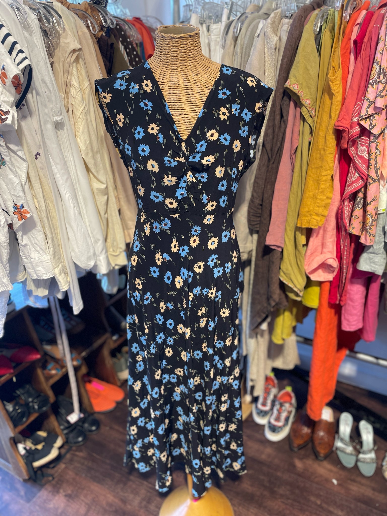 No. 6 Store black, blue, beige Silk Floral Maxi Dress, Size 2=M