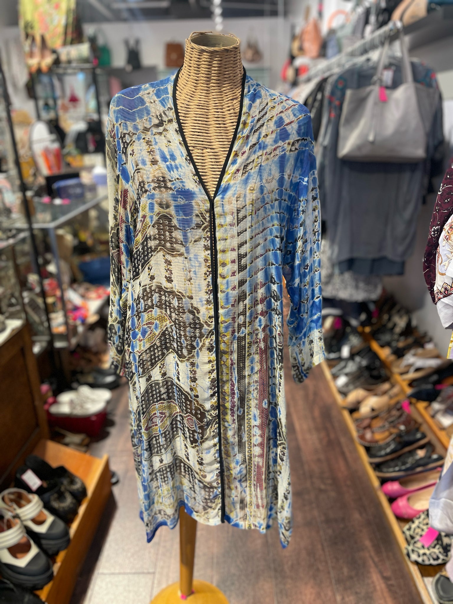 CITRON Blue & Green Silk Floral Tie Dye layering top Top, Size L