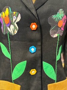 Moschino black, green, yellow Linen Flowers floral buttons Jacket