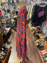 Load image into Gallery viewer, FARM Rio red, blue, orange viscose &amp; modal fun shapes Long sleeve Dress, Size S
