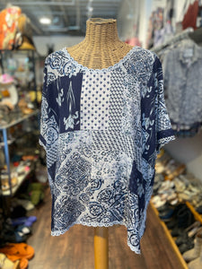 Johnny Was Blue & White Silk mixed prints Flowy Top, Size XL