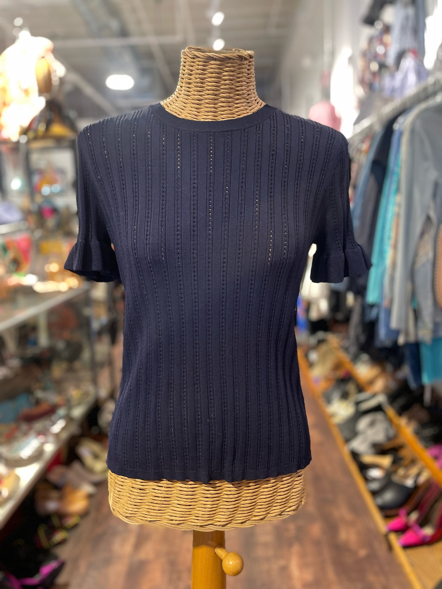 Pearl Navy Viscose blend cut outs & ruffles Top, Size M