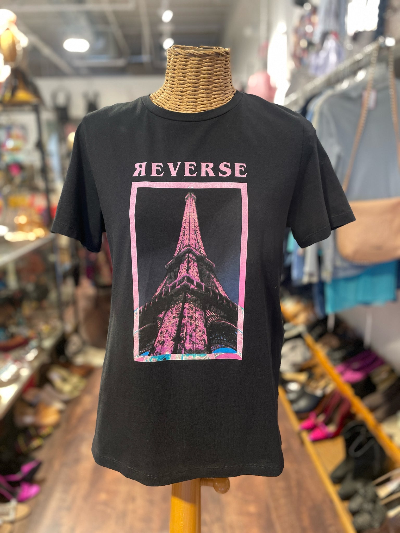 Maje Black & Pink Cotton Eiffel Tower Print Top, Size 1=Small